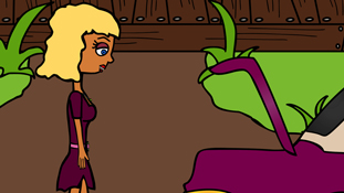 Pristine Christine hiding something inside her trunk from the animated cartoon series Pancake Paradise!