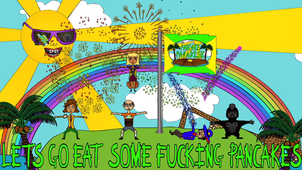 The characters of Pancake Paradise celebrating that it's pancake time a screenshot from the animated cartoon series Pancake Paradise!