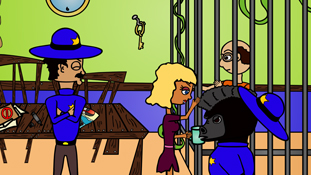 Pristine Christine being a bitch and knocking off Officer Estevez's hat a screenshot from the animated cartoon series Pancake Paradise!