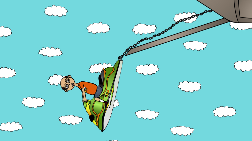 Miserable Marv hanging out the back of a plane on a jet ski not giving a fuck a screenshot from the animated cartoon series Pancake Paradise!