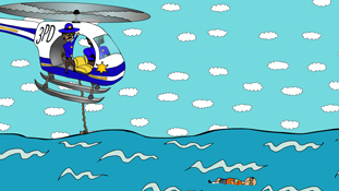 Frank Frank and Officer Estevez out to sea to retrieve Miserable Marv's dead body a screenshot from the animated cartoon series Pancake Paradise!