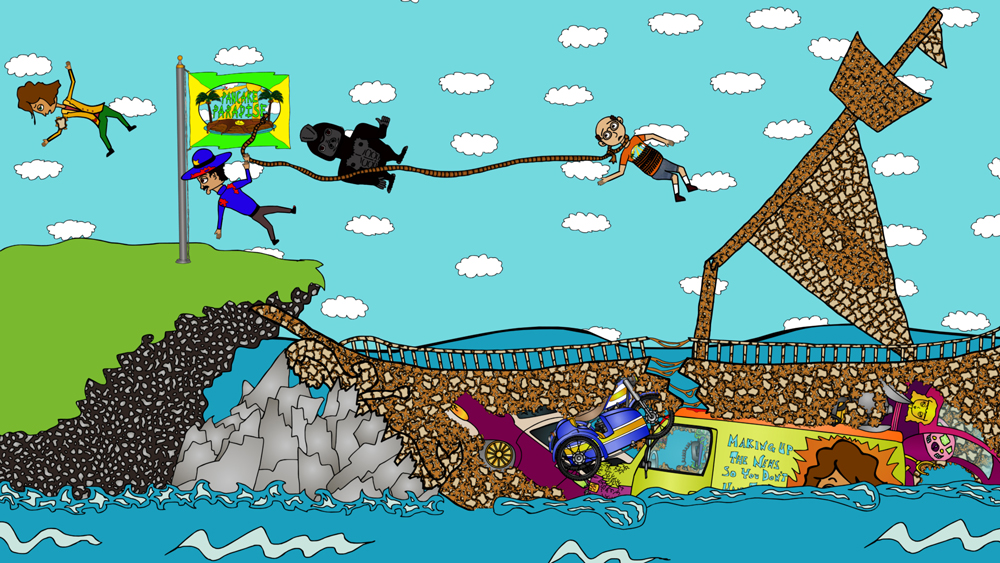 Chicken Patty, Frank Frank, Officer Estevez, and Miserable Marv barely especaping a boat crash a screenshot from the animated cartoon series Pancake Paradise!