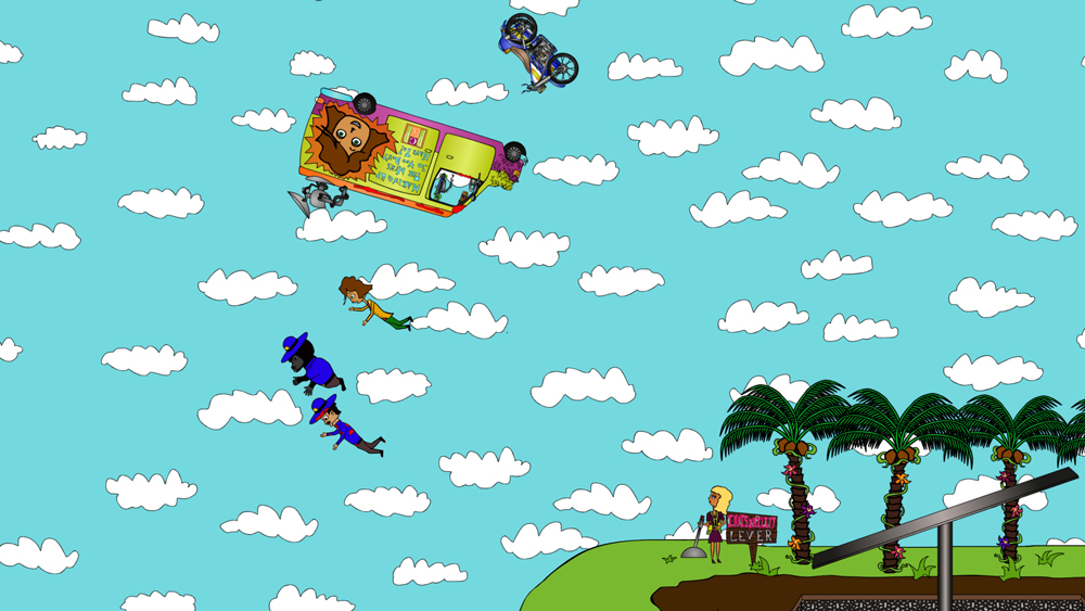 Pristine Christine catapulting out the trash a screenshot from the animated cartoon series Pancake Paradise!