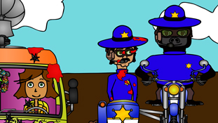 Chicken Patty escaping the wrath of Frank Frank and Officer Estevez a screenshot from the animated cartoon series Pancake Paradise!
