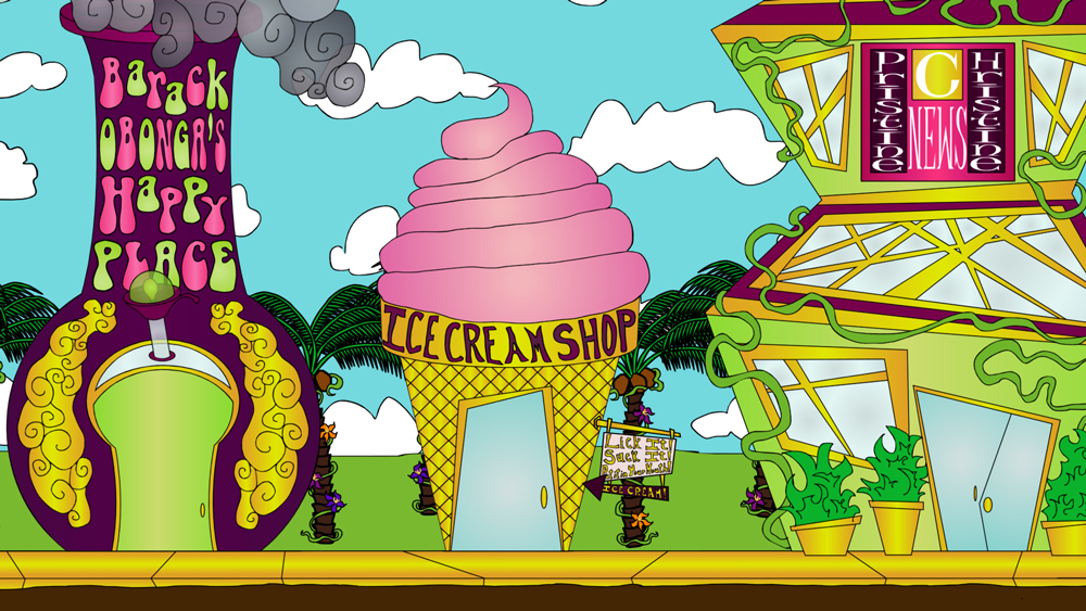 Some of the buildings that are downtown Pancake Paradise a screenshot from the animated cartoon series Pancake Paradise!