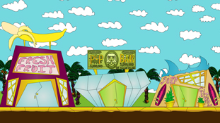 Here are more of the buildings that are in downtown Pancake Paradise a screenshot from the animated cartoon series Pancake Paradise!