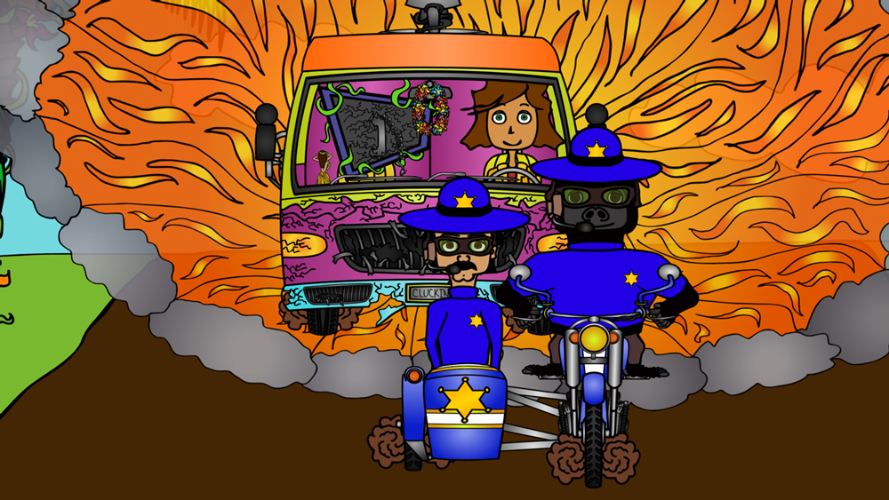 Wherever Frank Frank goes explosions are sure to follow a screenshot from the animated cartoon series Pancake Paradise!