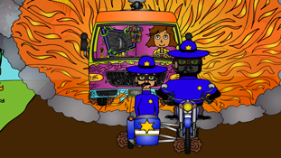 Wherever Frank Frank goes explosions are sure to follow a screenshot from the animated cartoon series Pancake Paradise!