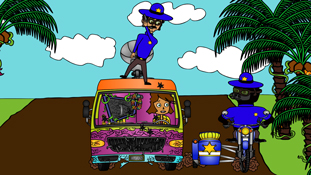Frank Frank almost falling off the top of Chicken Patty's van a screenshot from the animated cartoon series Pancake Paradise!
