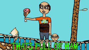 Miserable Marv holding one of his favorite things in the world a screenshot from the animated cartoon series Pancake Paradise!
