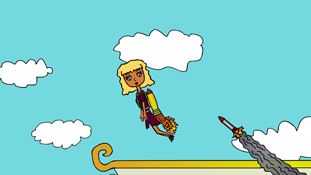 Pristine Christine not even worrying about a missile being shot at her a screenshot from the animated cartoon series Pancake Paradise!