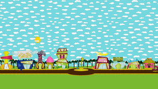 A Pristine Christinized version of downtown Pancake Paradise a screenshot from the animated cartoon series Pancake Paradise!