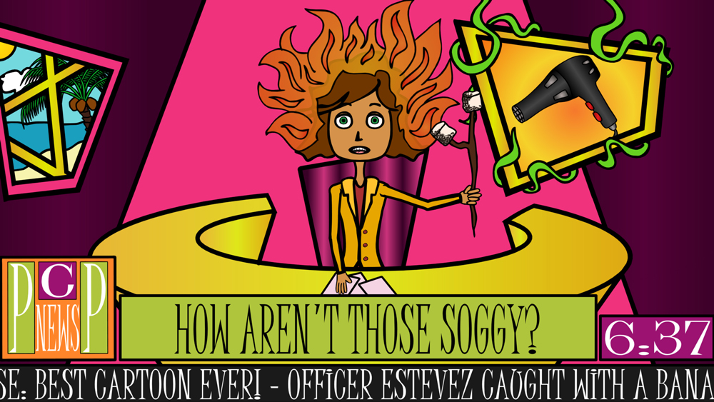 Even with her hair on fire Chicken Patty remains a pro and still delivers the news a screenshot from the animated cartoon series Pancake Paradise!
