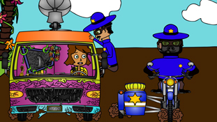 Chicken Patty scared shitless from Frank Frank pointing a gun in her face a screenshot from the animated cartoon series Pancake Paradise!