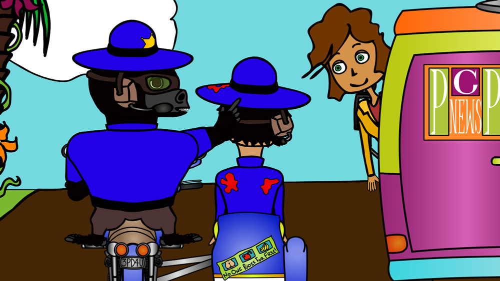 Chicken Patty paying attention to where she is driving a screenshot from the animated cartoon series Pancake Paradise!