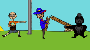 Miserable Marv and Officer Estevez letting everyone know that Frank Frank is the man a screenshot from the animated cartoon series Pancake Paradise!